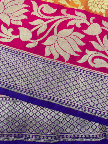 Banarasi Katan Pure Silk Saree | Pink-Orange | Skirt Border | Handwoven | Ships from California